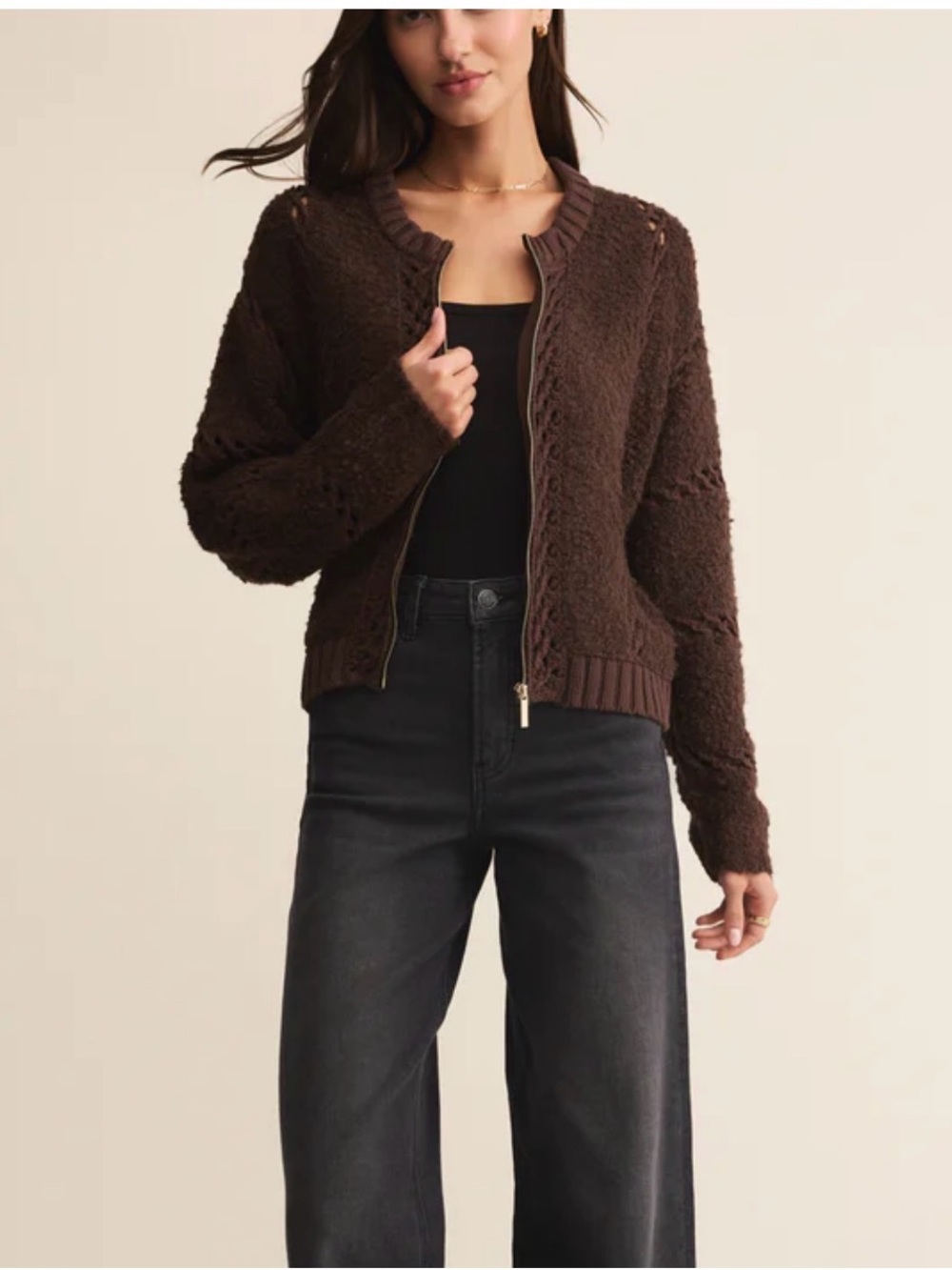 Z Supply Chocolate Brown Open-Knit Zip Cardigan - Picture 2 of 7